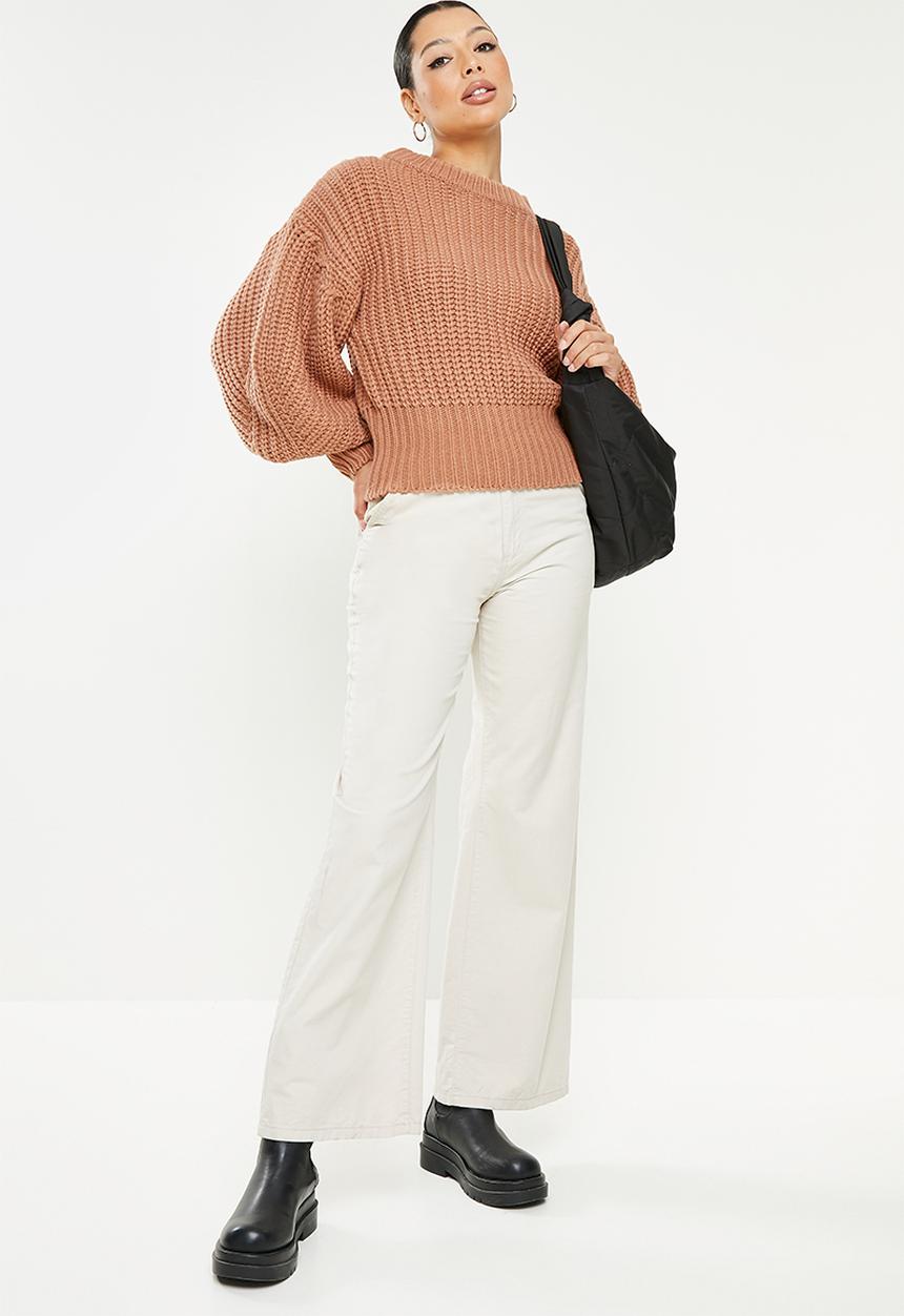 Missguided - Handknit cinch waist balloon sleeve jumper  - camel