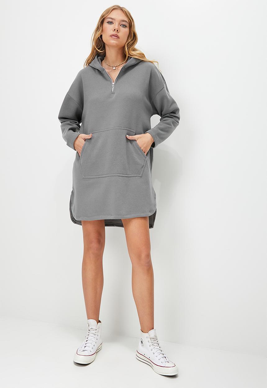 Blake - 1/4 zip hooded sweat dress - charcoal