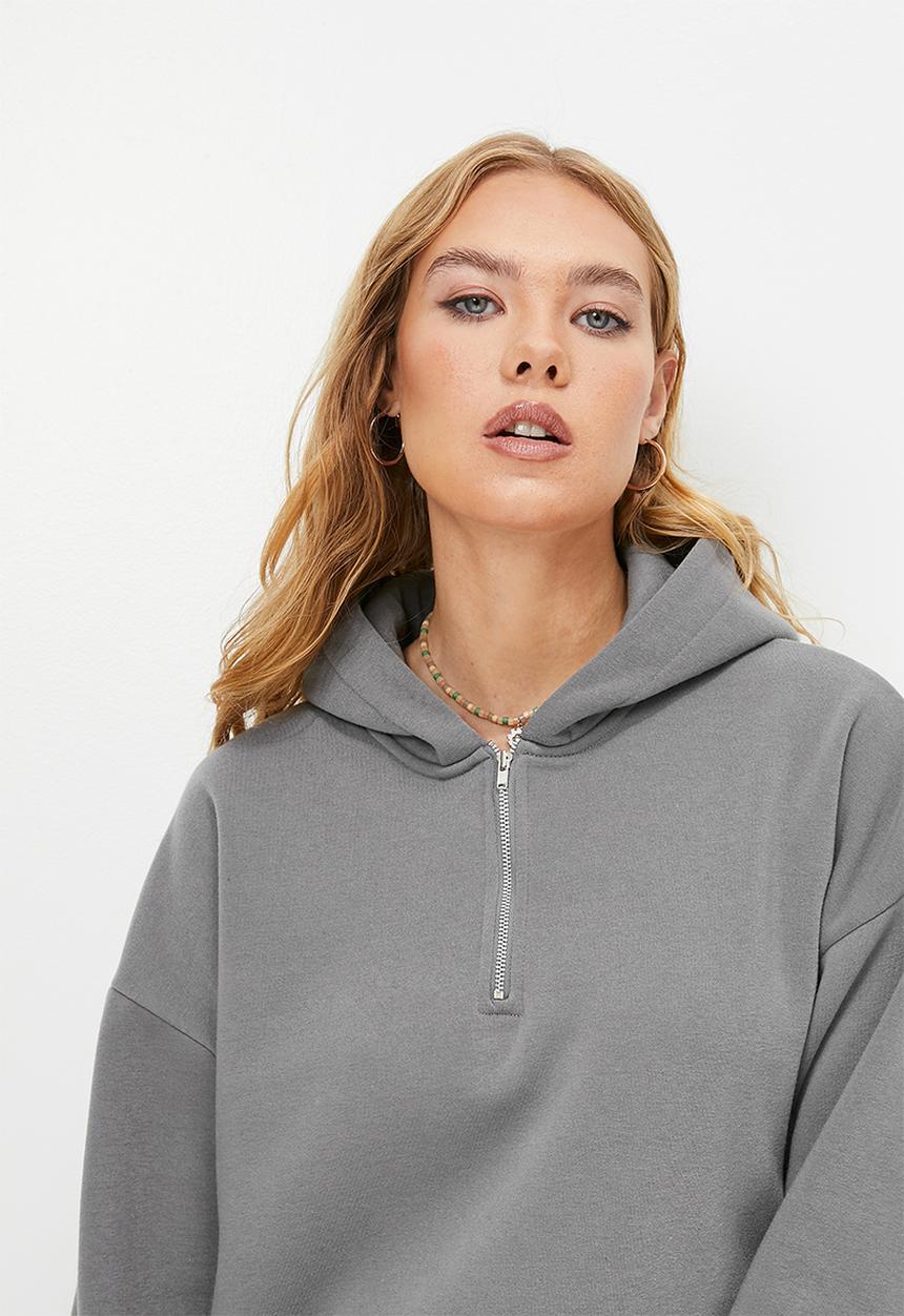 Blake - 1/4 zip hooded sweat dress - charcoal