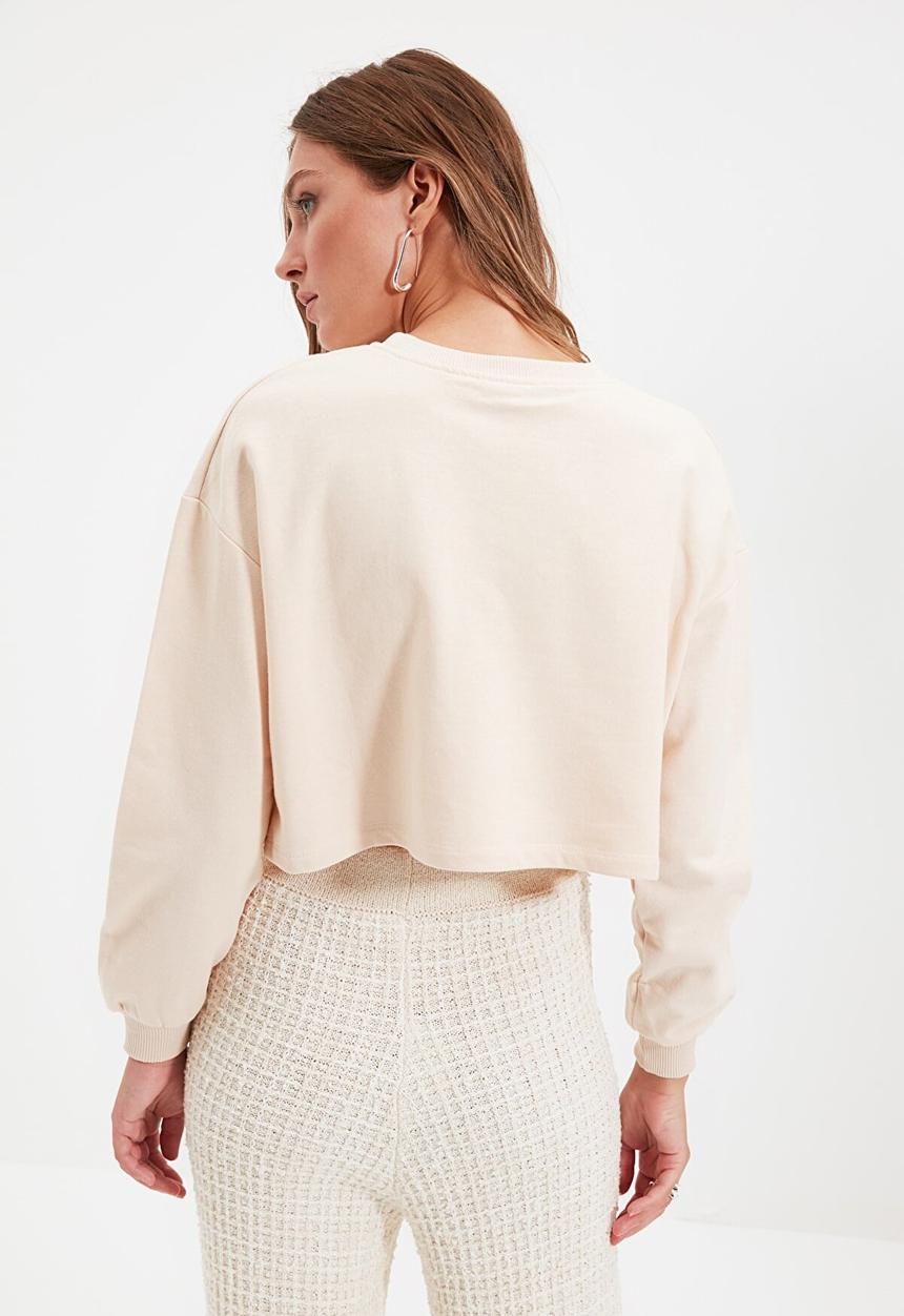 Trendyol - Embroidered raised crop knit sweatshirt - beige