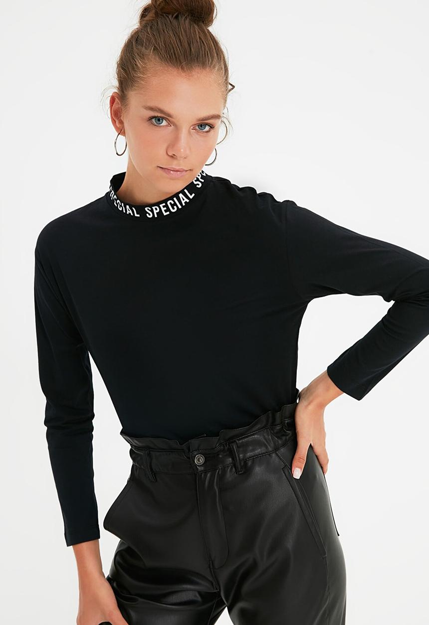 Trendyol - Printed basic long sleeve knitted t-shirt - black