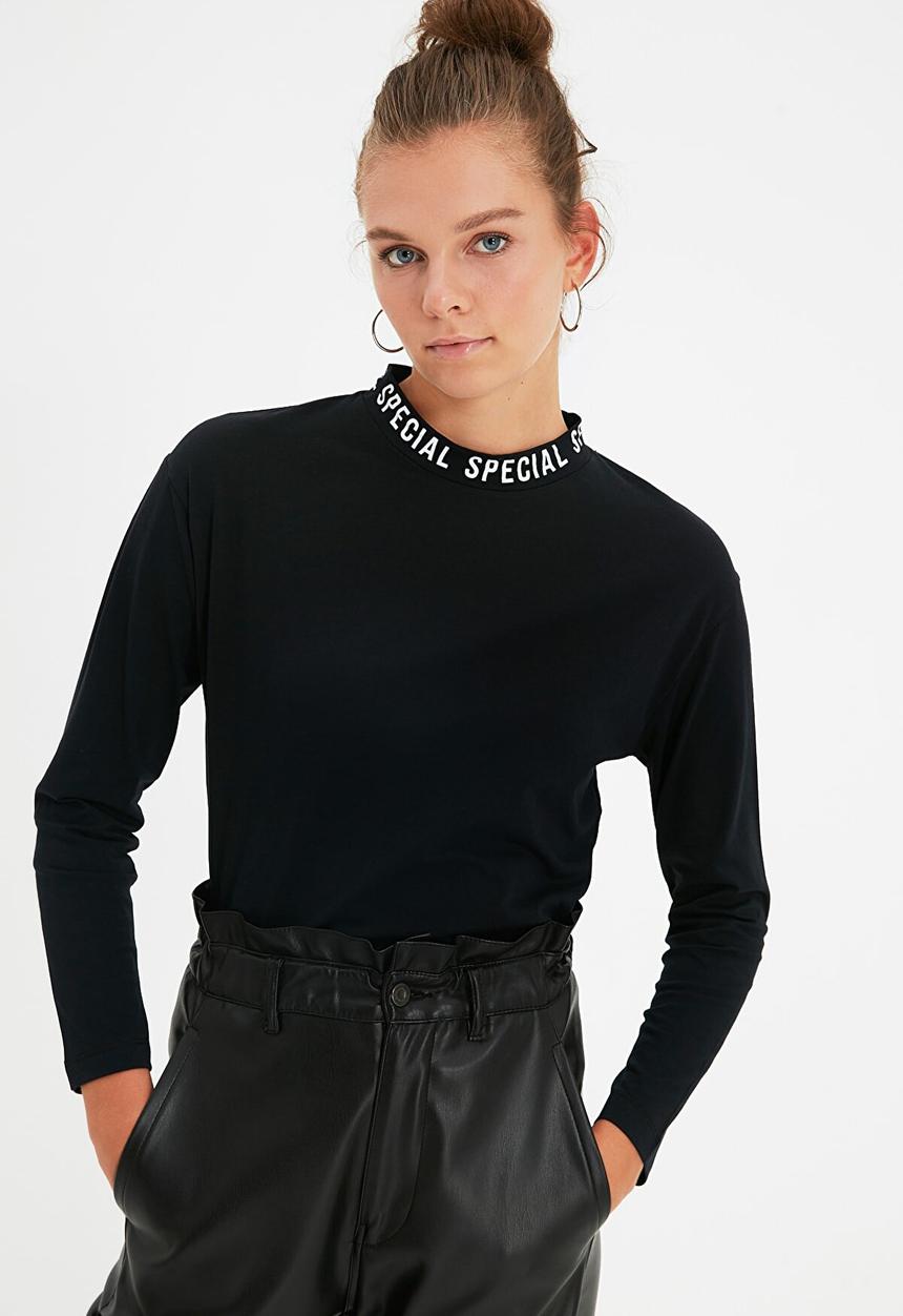 Trendyol - Printed basic long sleeve knitted t-shirt - black