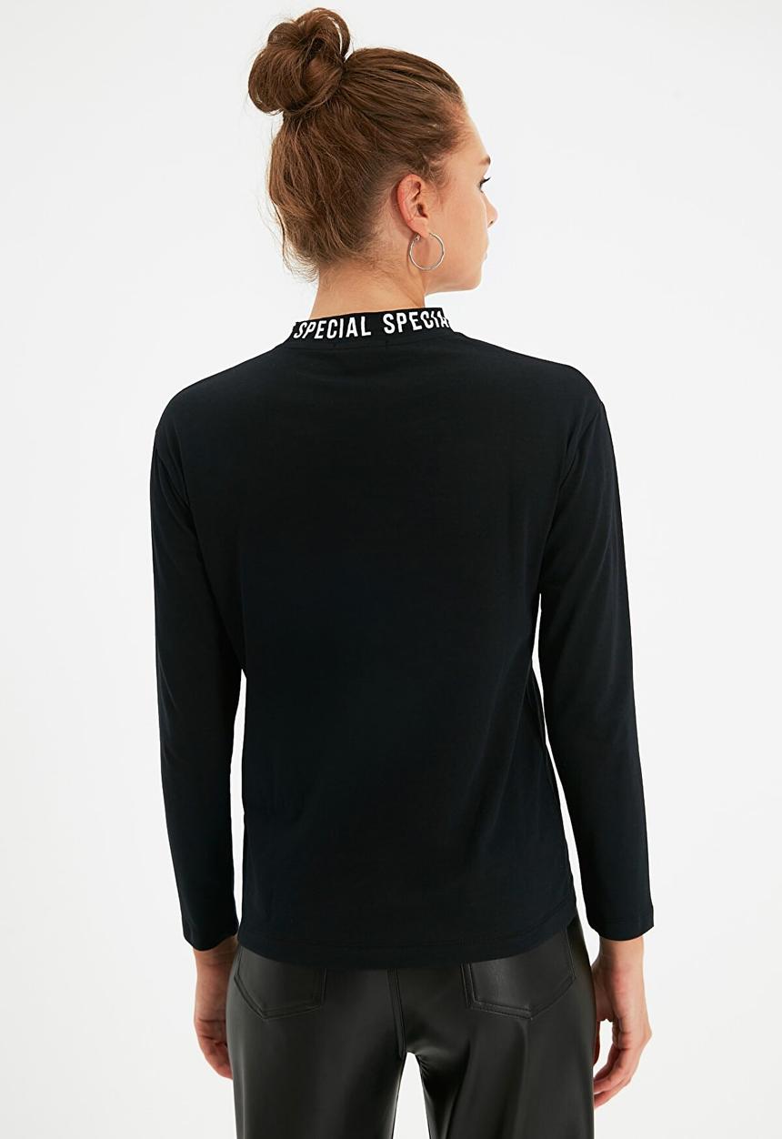 Trendyol - Printed basic long sleeve knitted t-shirt - black