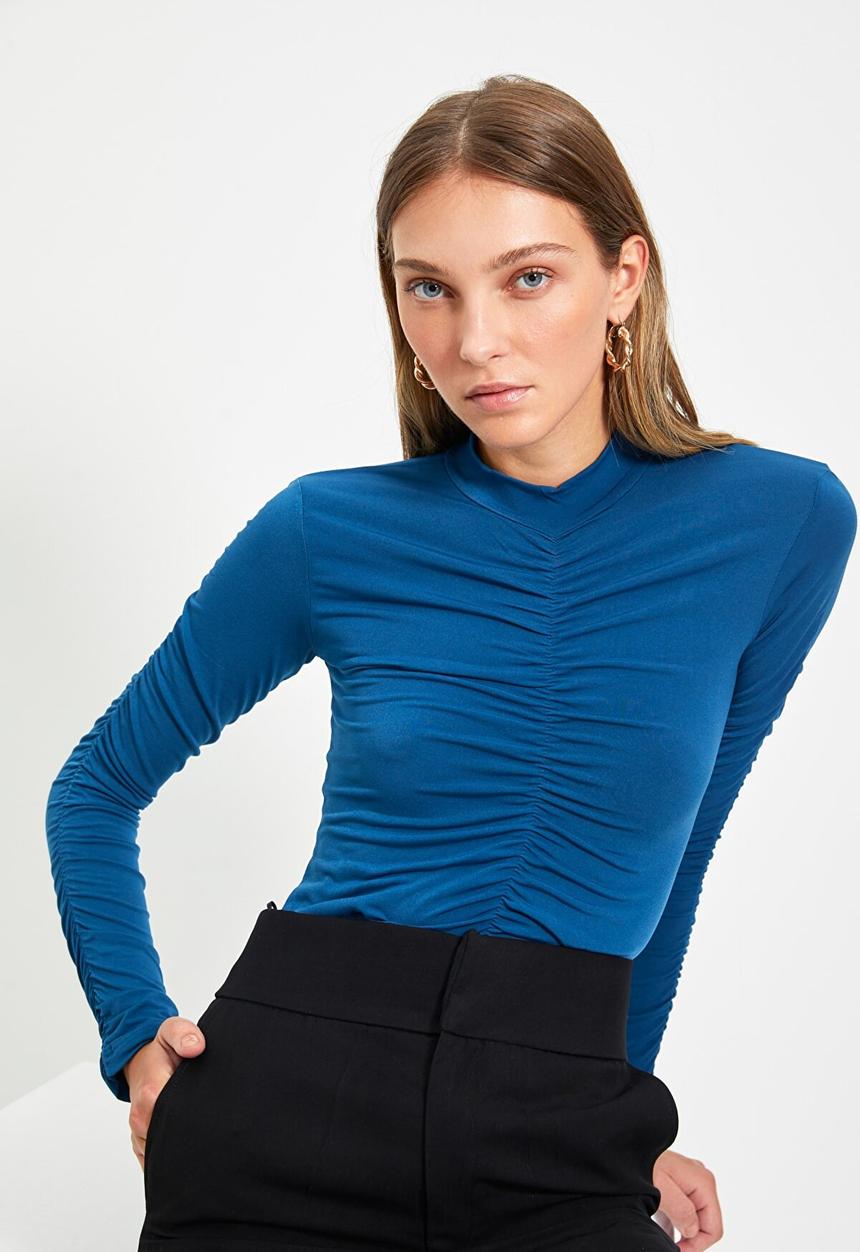 Trendyol - Pleated round neck bodysuit - indigo