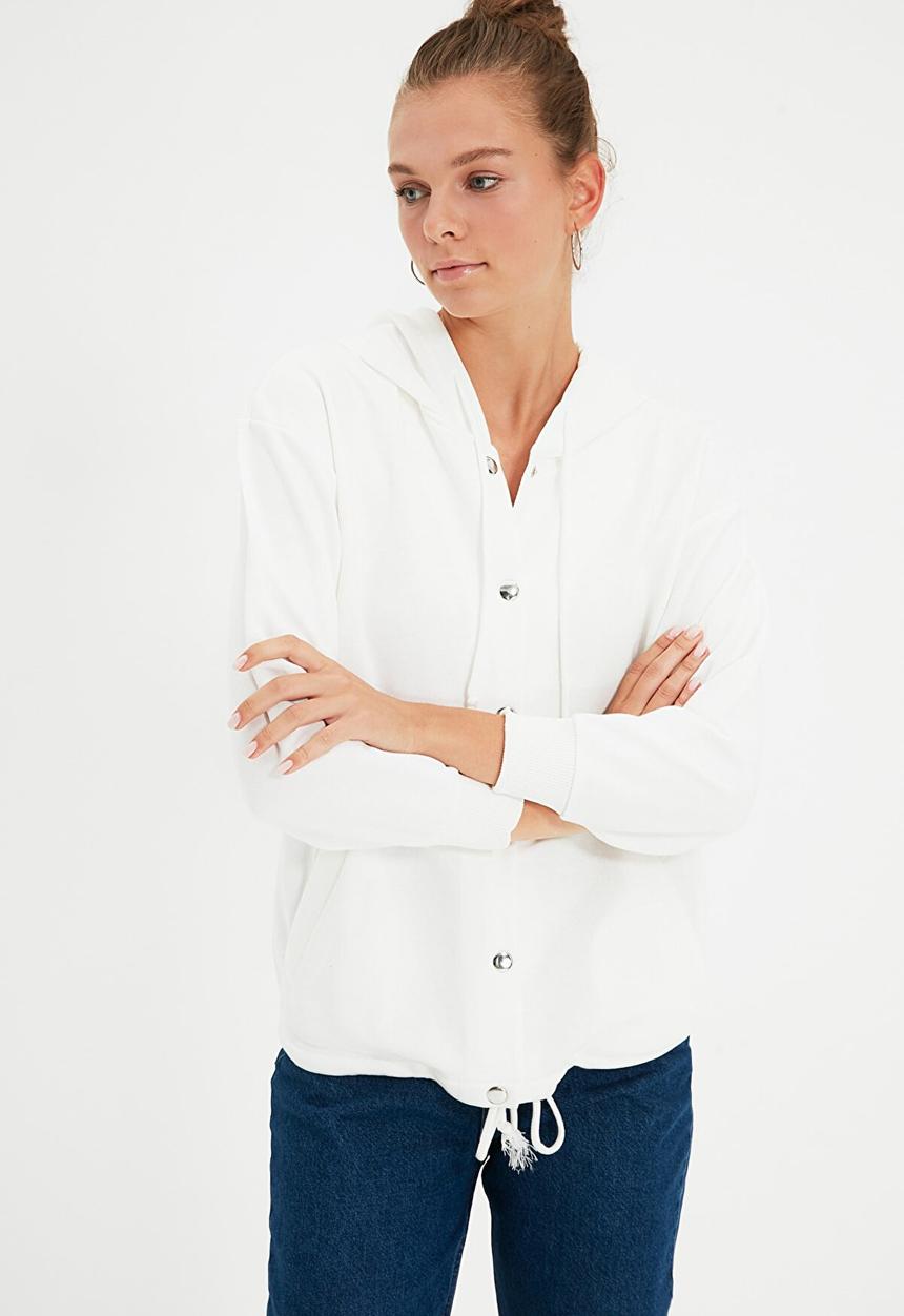 Trendyol - Hooded loose knit thin sweatshirt - ecru