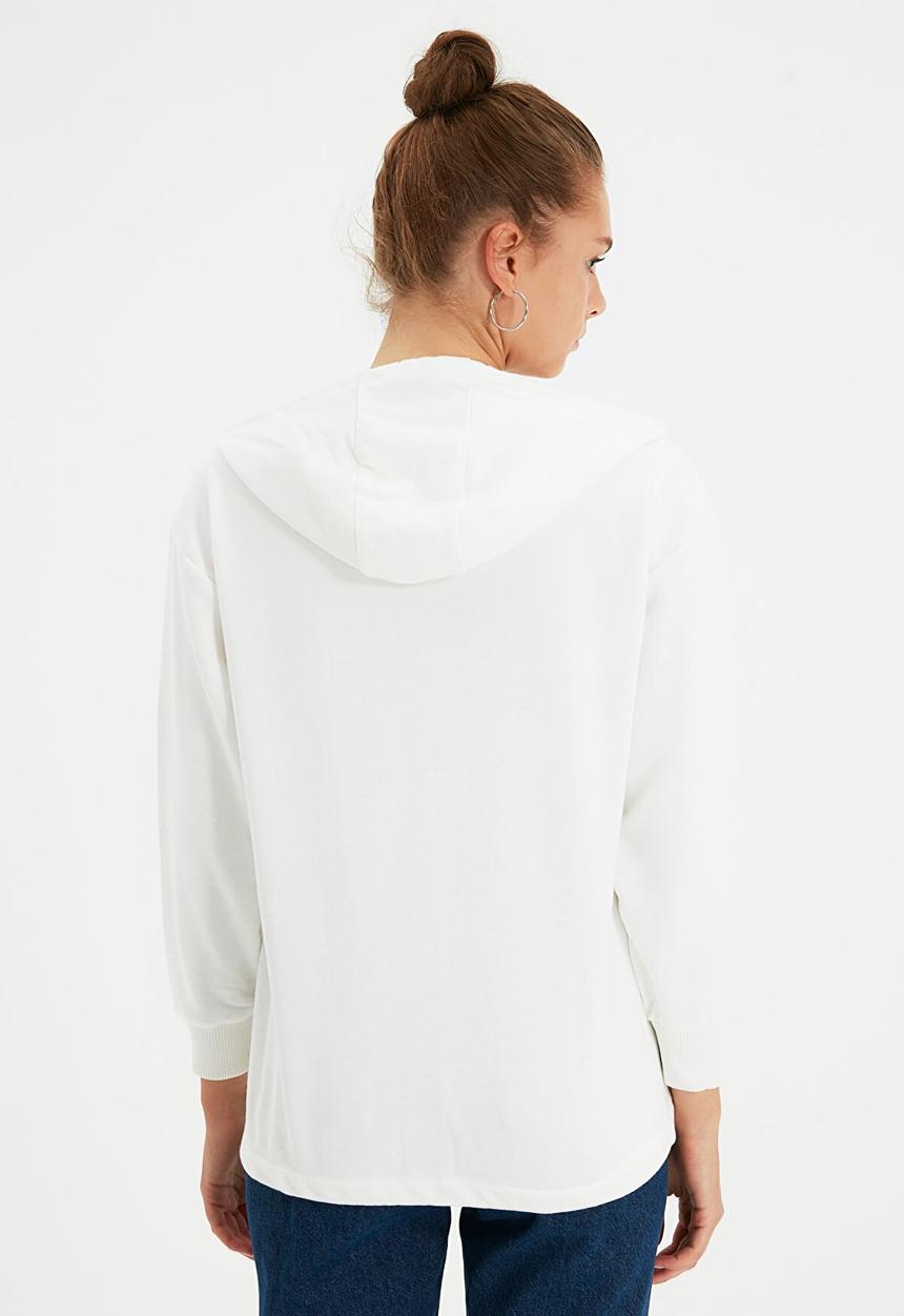 Trendyol - Hooded loose knit thin sweatshirt - ecru