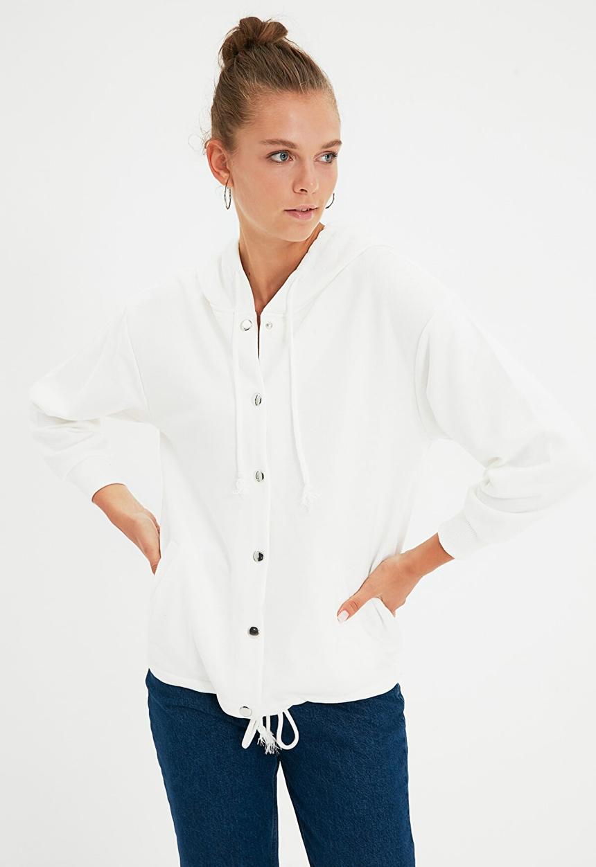 Trendyol - Hooded loose knit thin sweatshirt - ecru