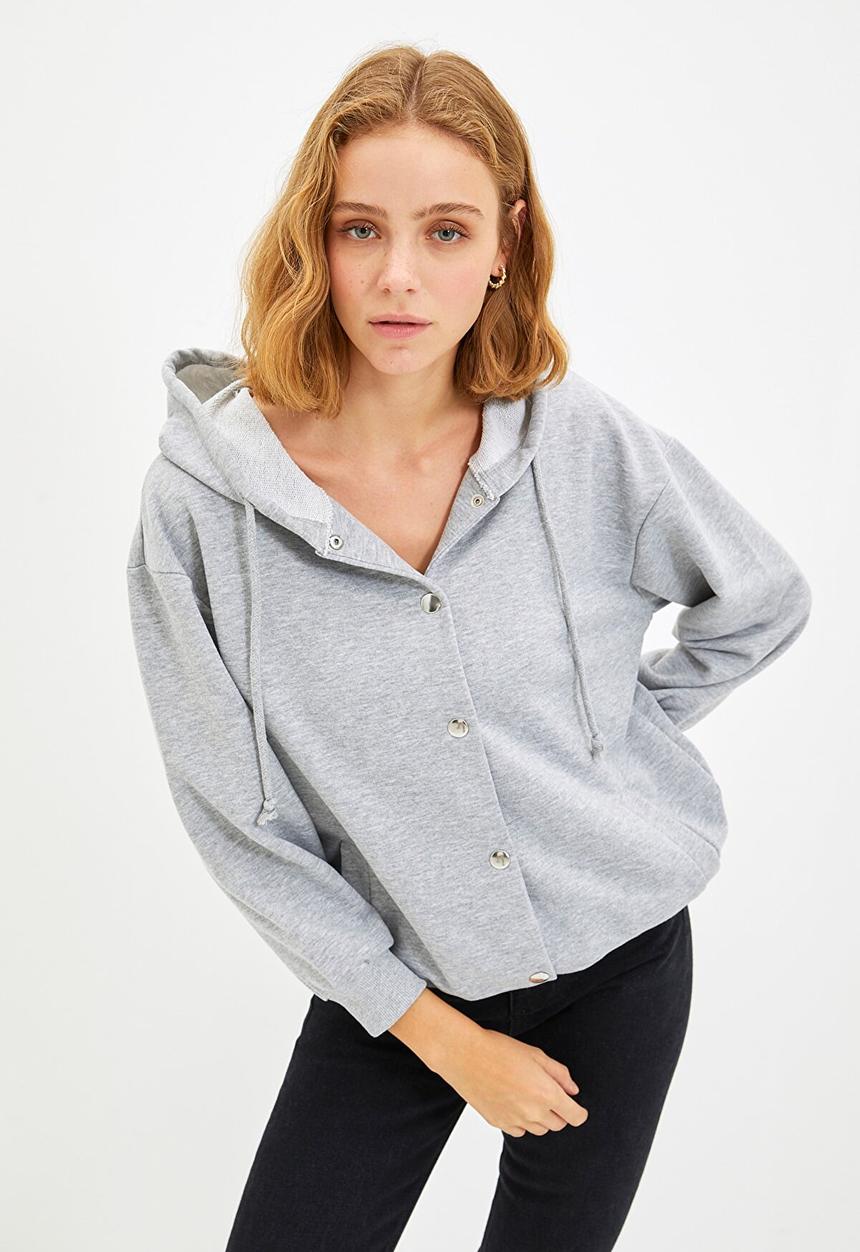Trendyol - Hooded loose knit thin sweatshirt - grey