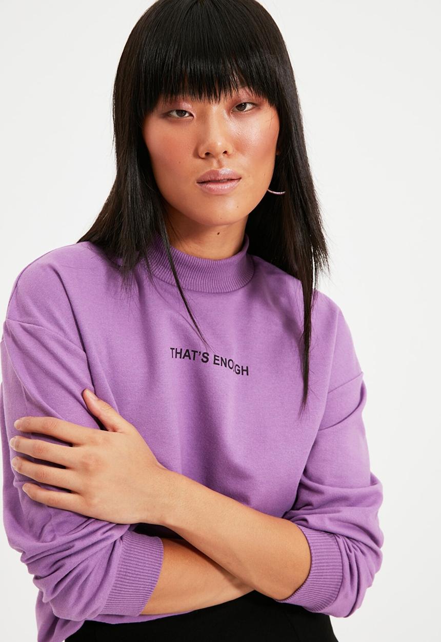 Trendyol - Printed stand up collar slim sweatshirt - lilac