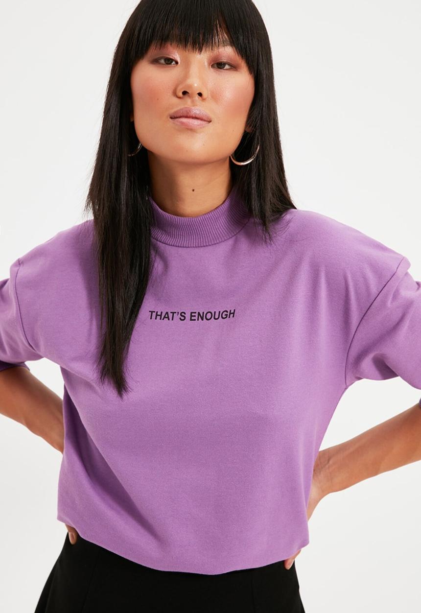 Trendyol - Printed stand up collar slim sweatshirt - lilac