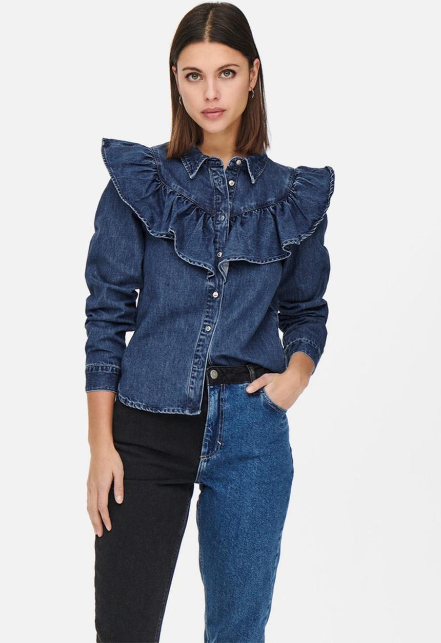 ONLY - Indigo life long sleeve frill denim shirt - medium blue denim