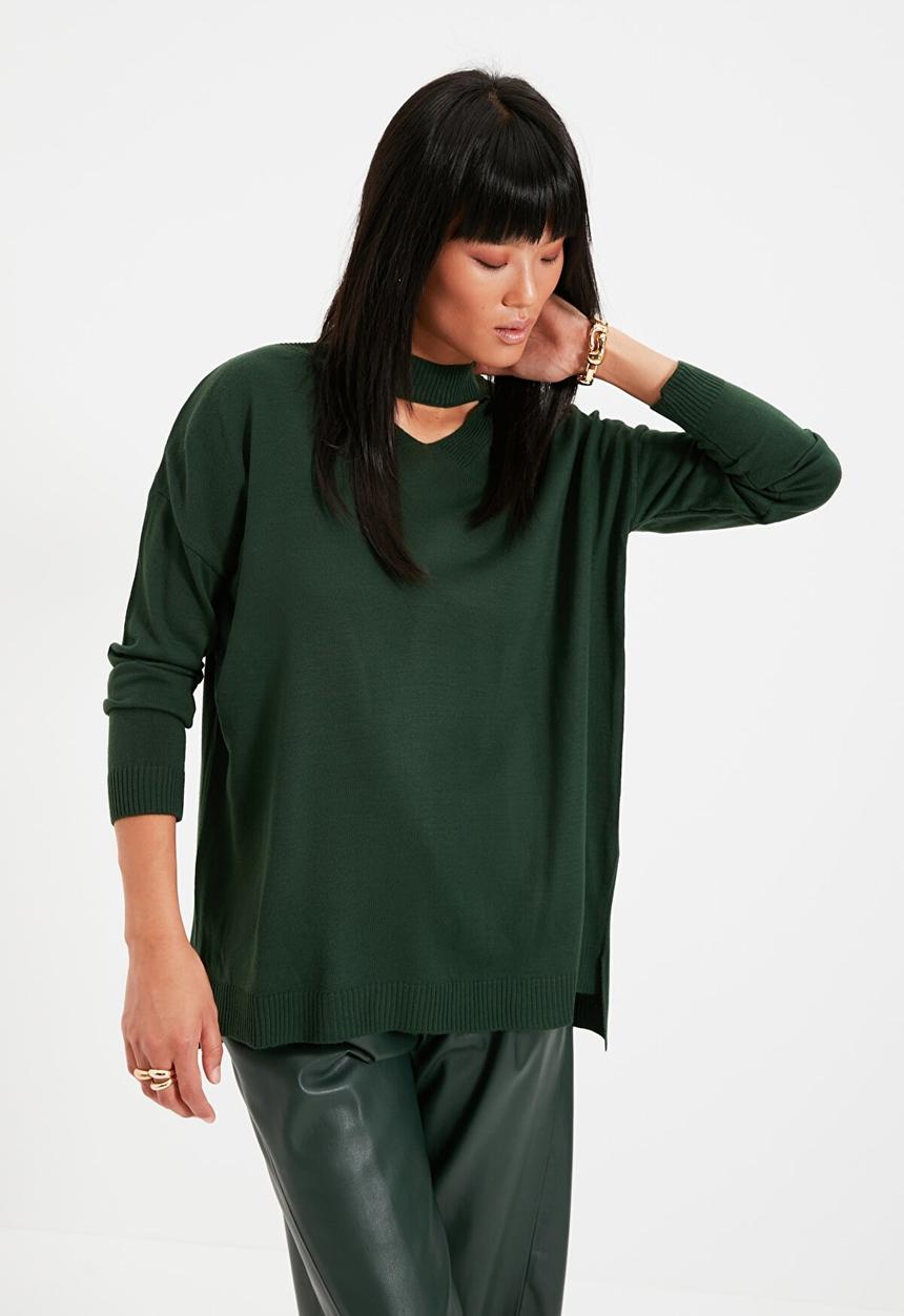 Trendyol - Choker collar knit sweater  - emerald green