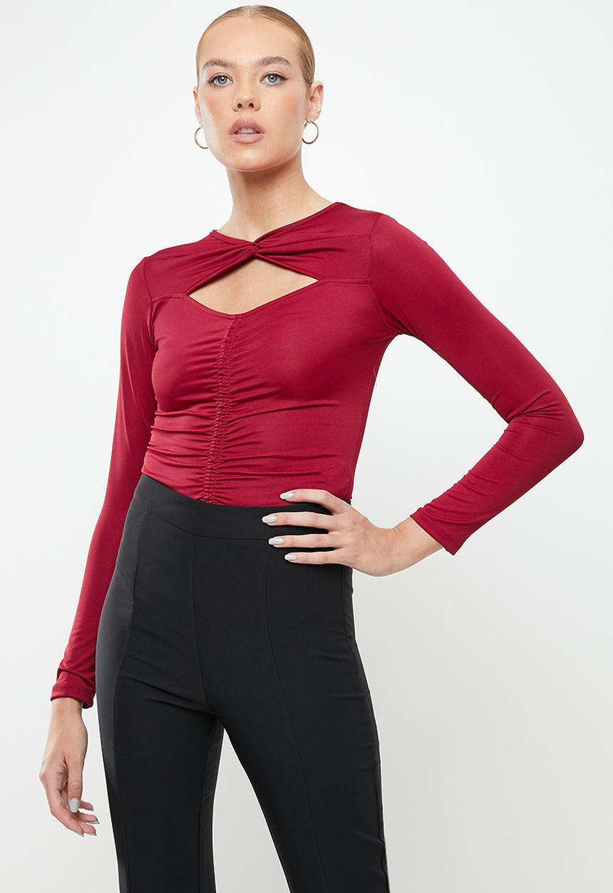 Trendyol - Ruffle detailed knitted bodysuit  - burgundy