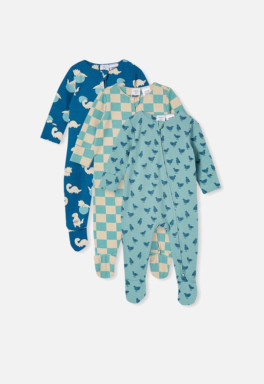 Cotton On - 3 Pack long sleeve zip romper footed - aqua