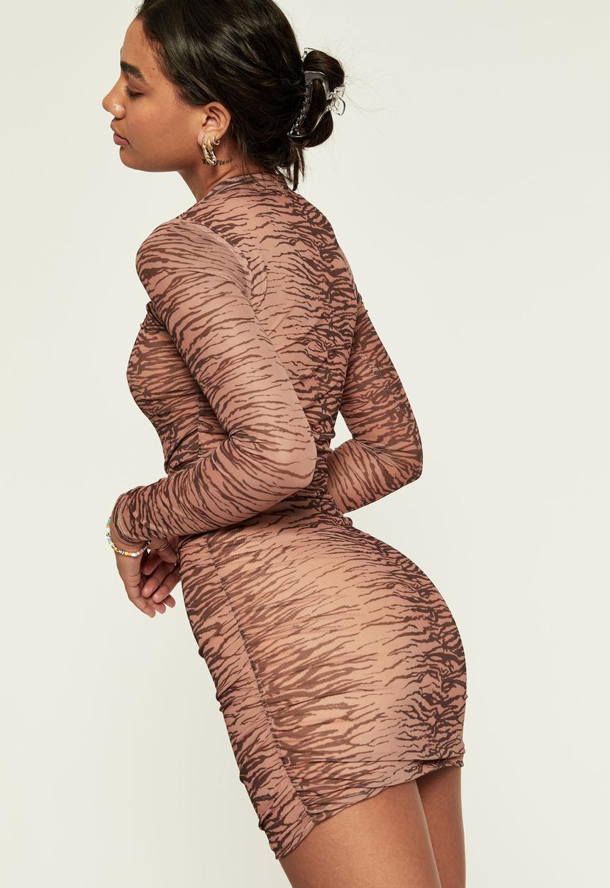 Supré  - Kaia ruched long sleeve mesh dress - carrie tiger camel