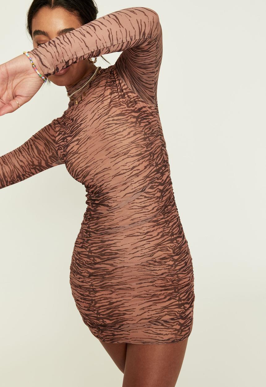 Supré  - Kaia ruched long sleeve mesh dress - carrie tiger camel