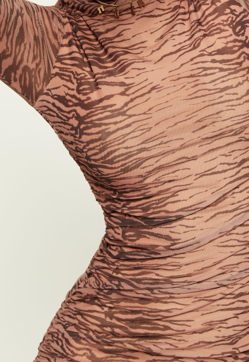 Supré  - Kaia ruched long sleeve mesh dress - carrie tiger camel