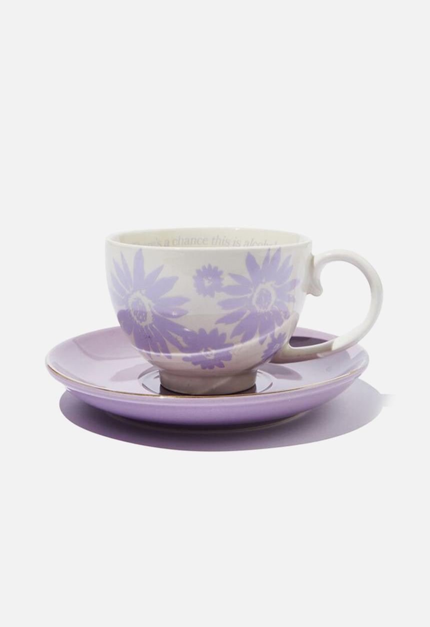 Typo - Get saucy boxed teacup - purple & white