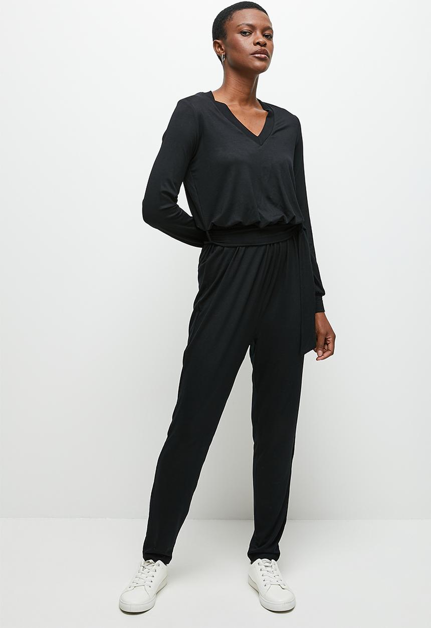 edit - V-neck knit belted jumpsuit - black