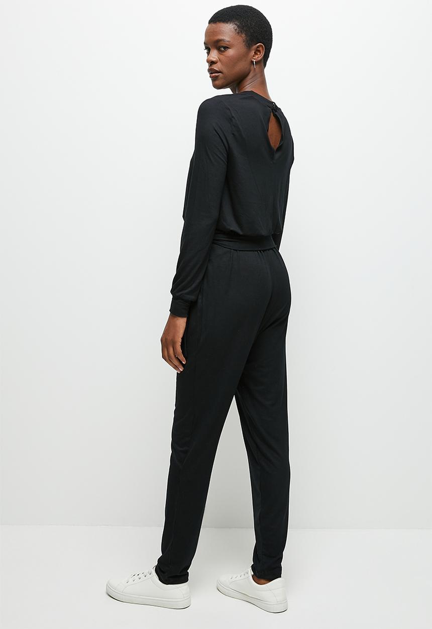 edit - V-neck knit belted jumpsuit - black