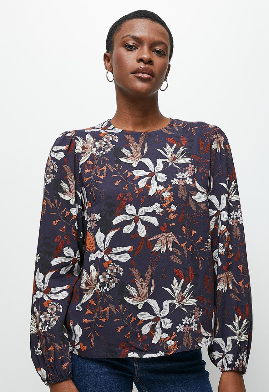 edit - Bellow sleeve shell - navy bloom