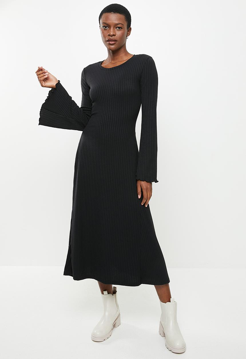Me&B - Ribbed long sleeve maxi dress - black
