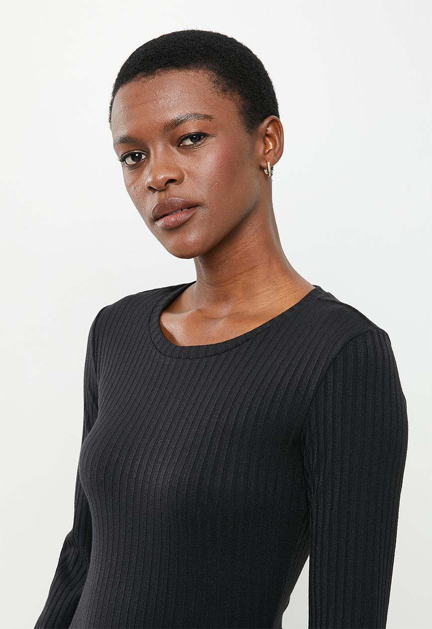 Me&B - Ribbed long sleeve maxi dress - black