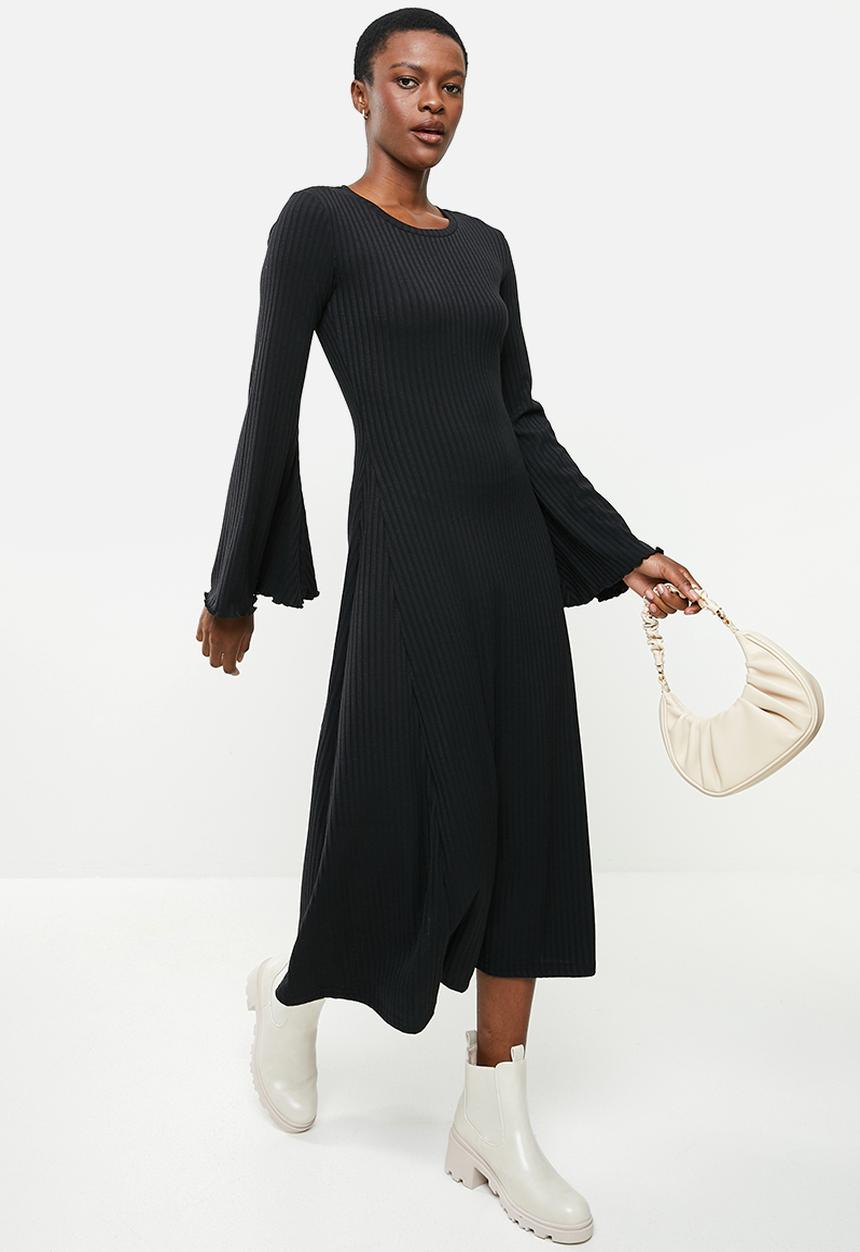 Me&B - Ribbed long sleeve maxi dress - black