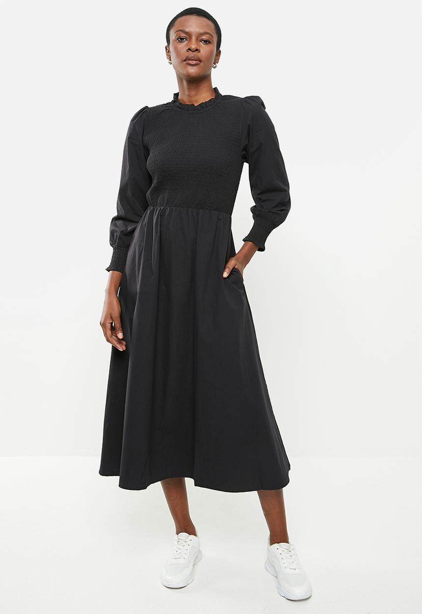 Me&B - Fully shirring bodice maxi cotton dress - black