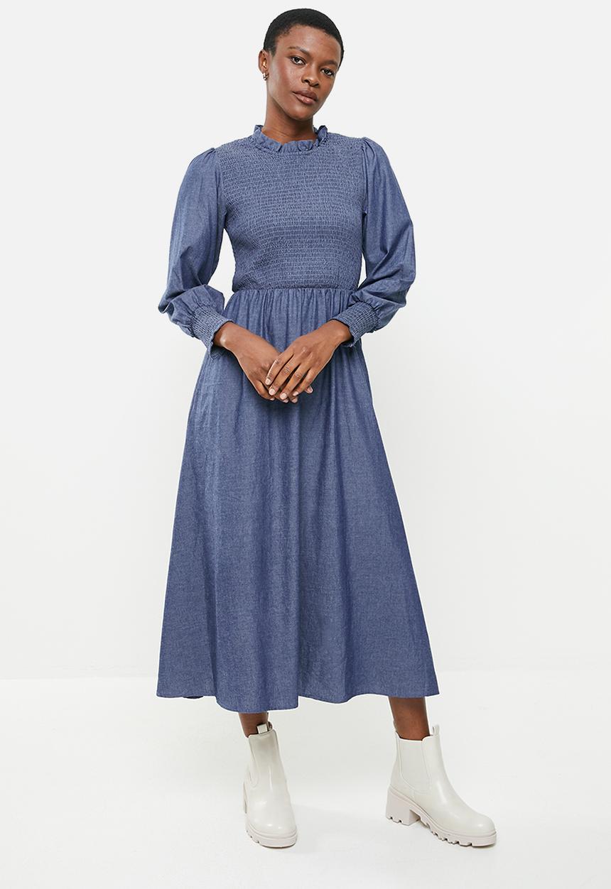 Me&B - Fully shirring bodice lightweight maxi denim dress - blue