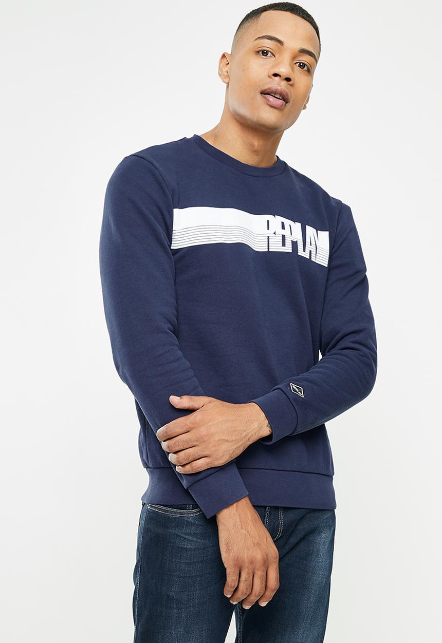 Replay - Replay side printed logo sweat crew - blue