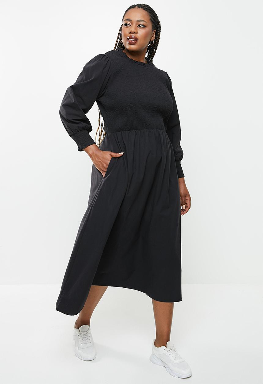 Me&B - Plus fully shirring bodice maxi cotton dress - black