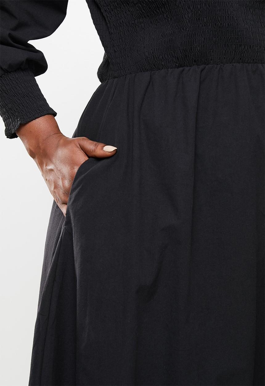 Me&B - Plus fully shirring bodice maxi cotton dress - black