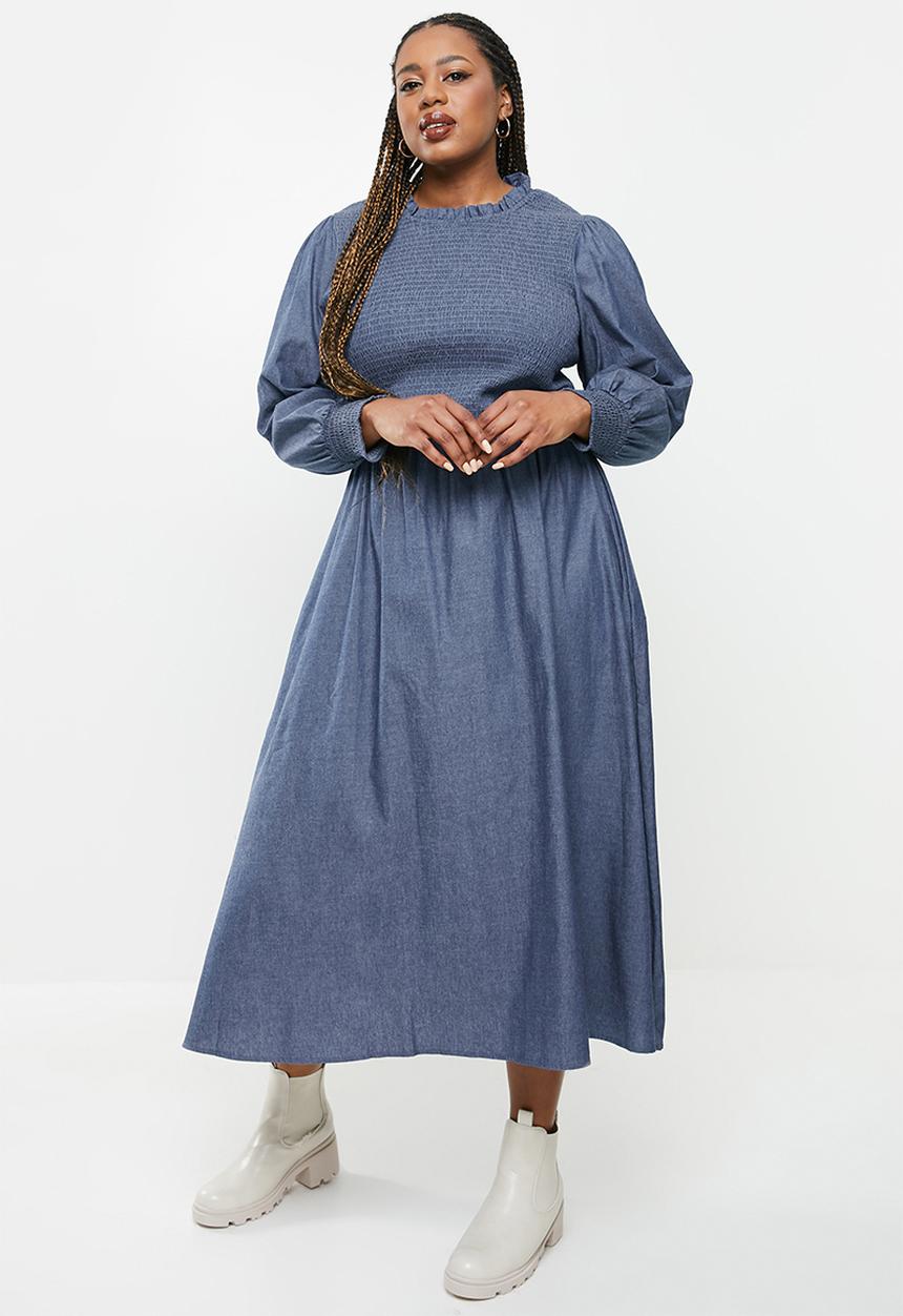 Me&B - Plus fully shirring bodice lightweight maxi denim dress - blue