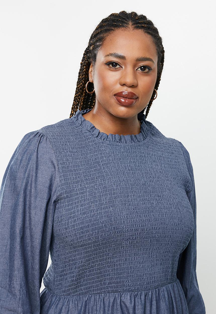 Me&B - Plus fully shirring bodice lightweight maxi denim dress - blue