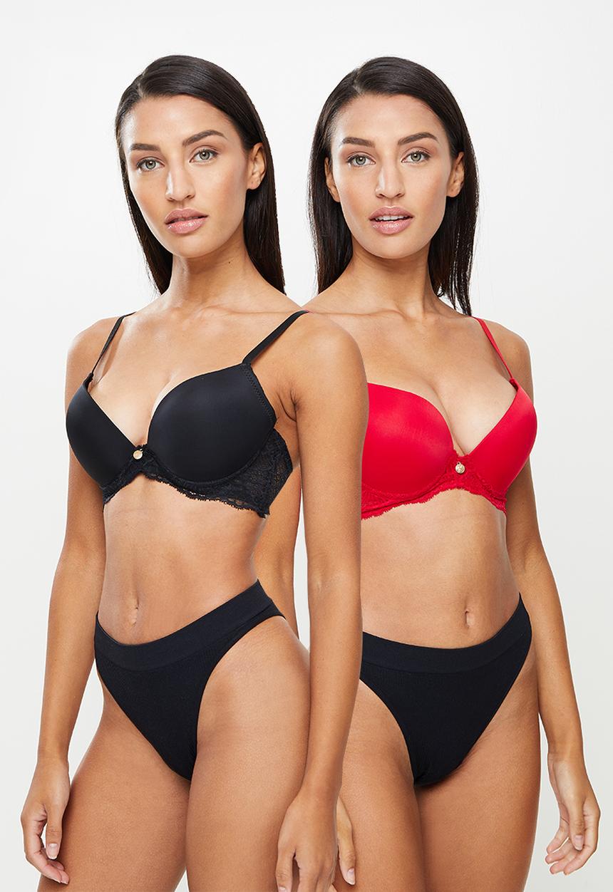 KANGOL - 2-Pack mf and lace double push up plunge bra - red & black