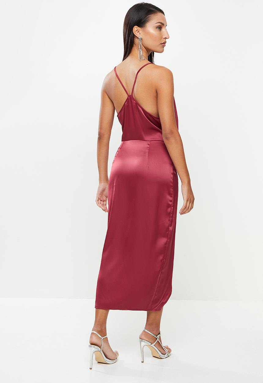 Missguided - Petite asym strap drape satin midi dress - wine
