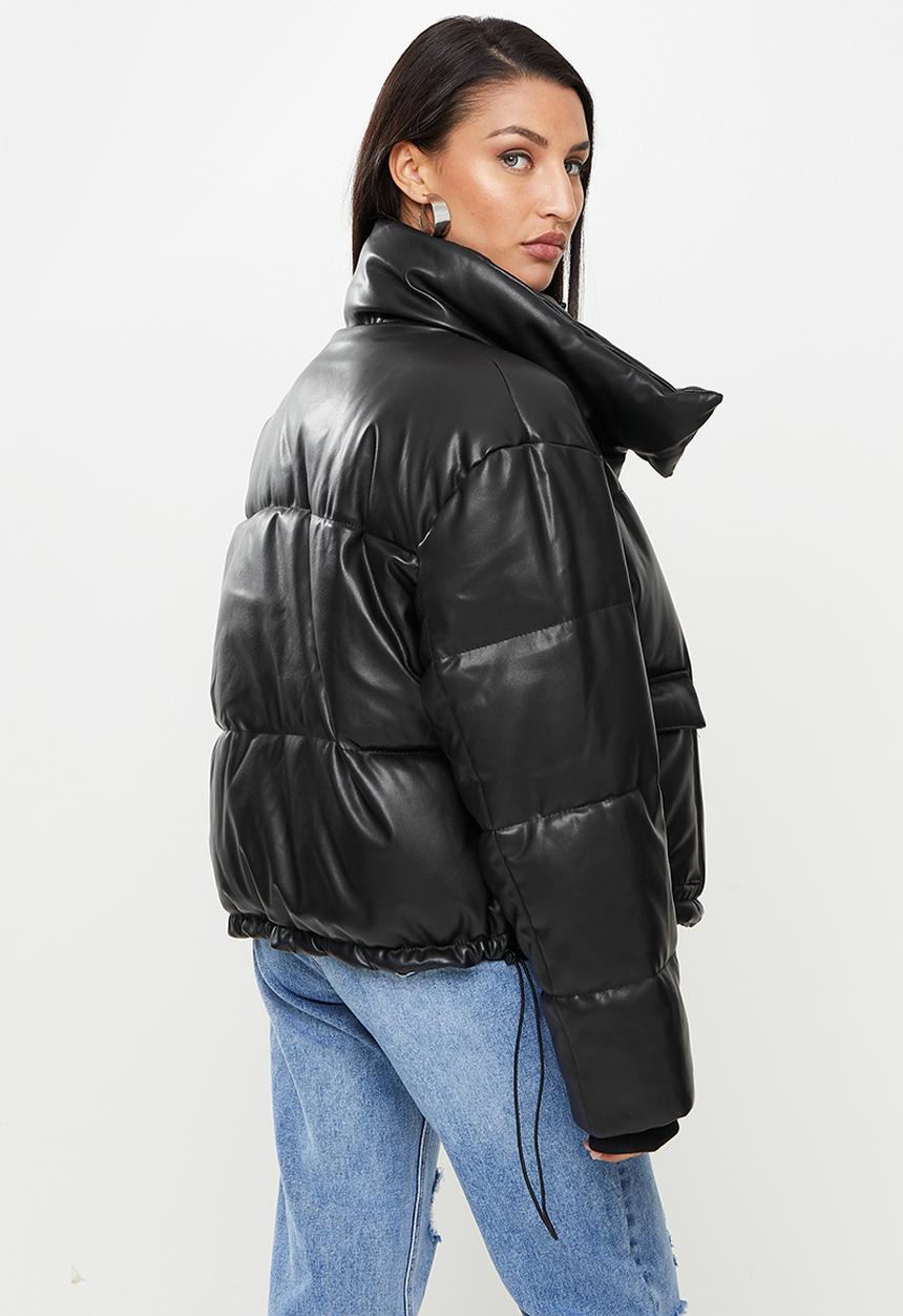 Missguided - Petite faux leather puffer jacket - black