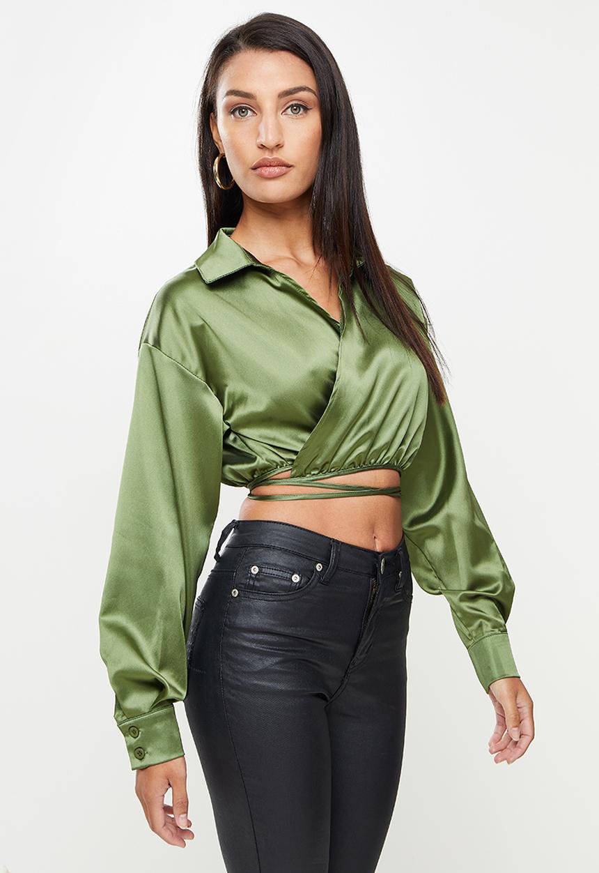 Missguided - Petite wrap around shirt satin - green