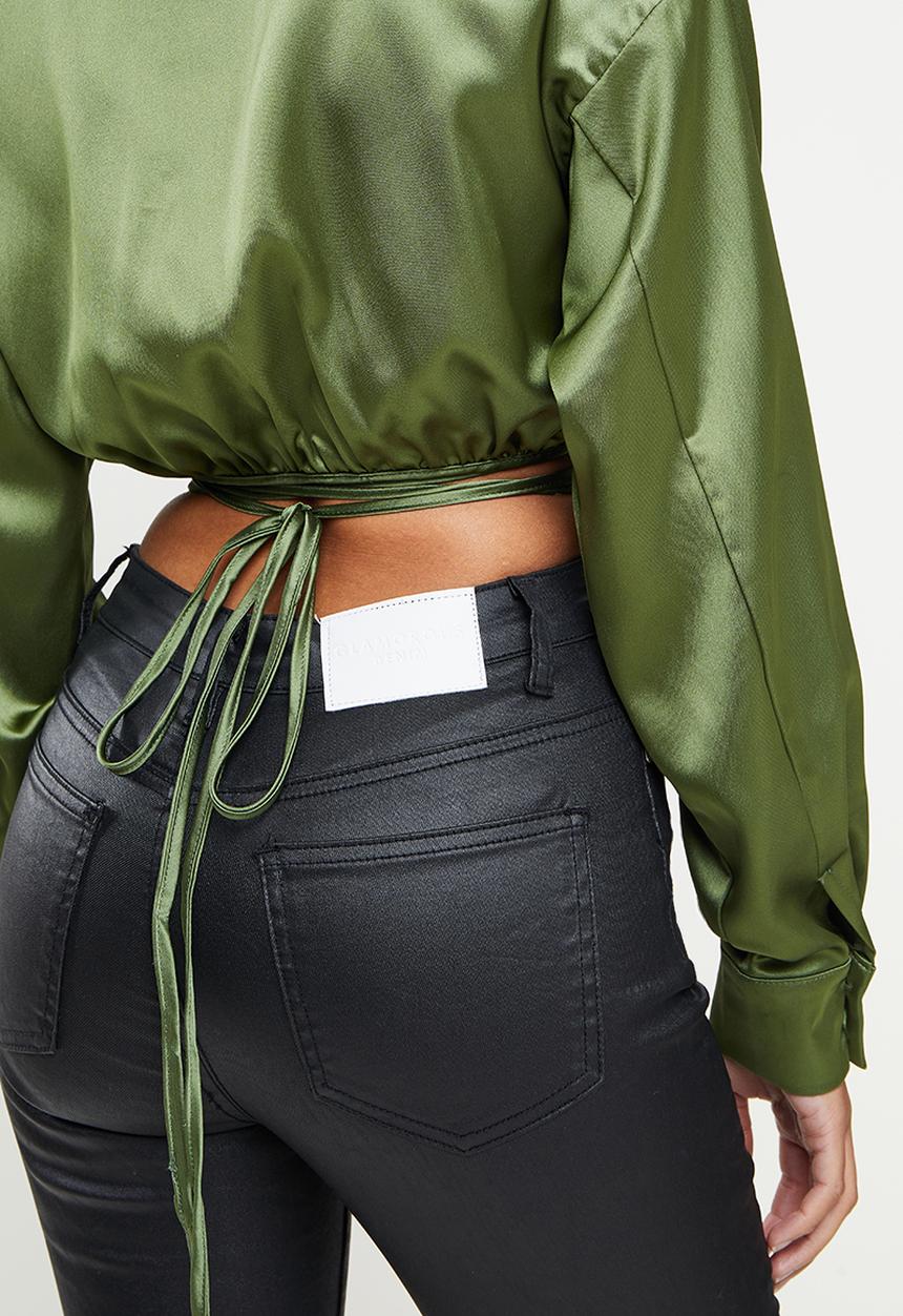 Missguided - Petite wrap around shirt satin - green