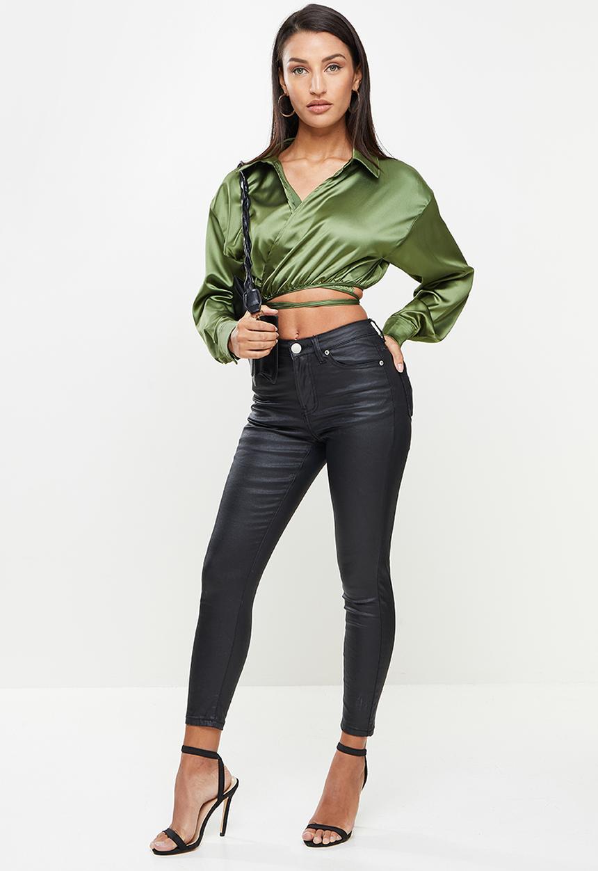 Missguided - Petite wrap around shirt satin - green