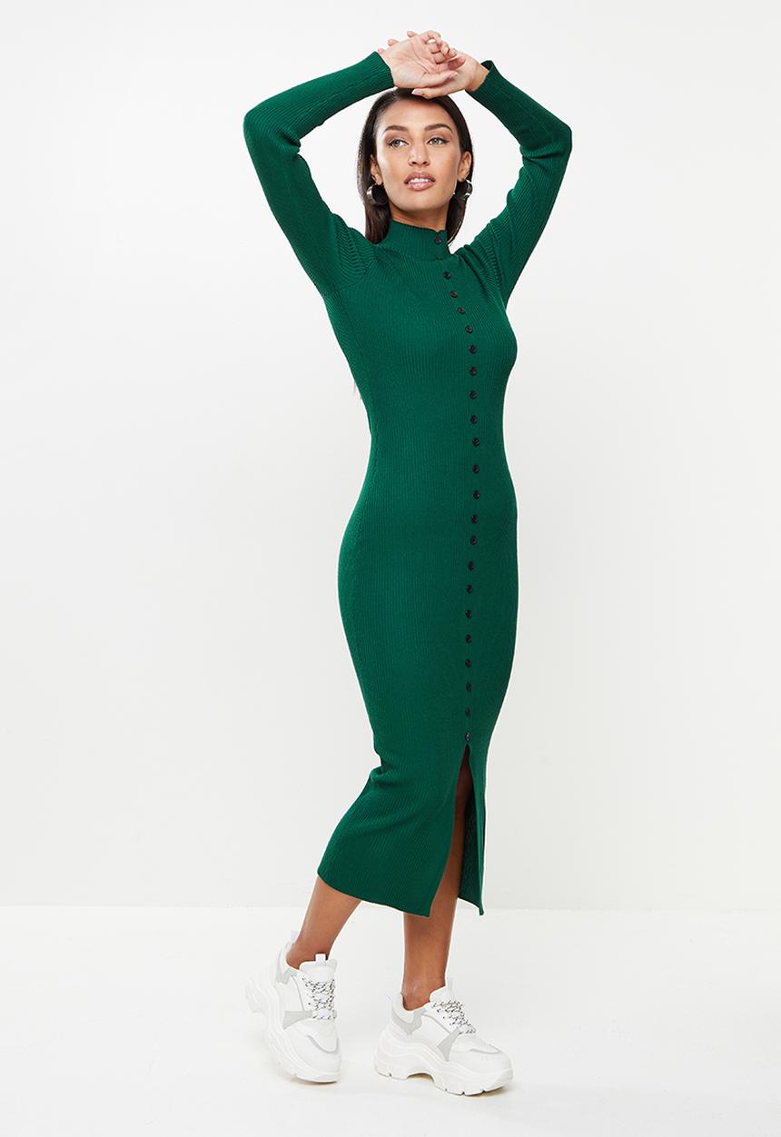 Missguided - Petite high neck button front rib knit midi - dark green