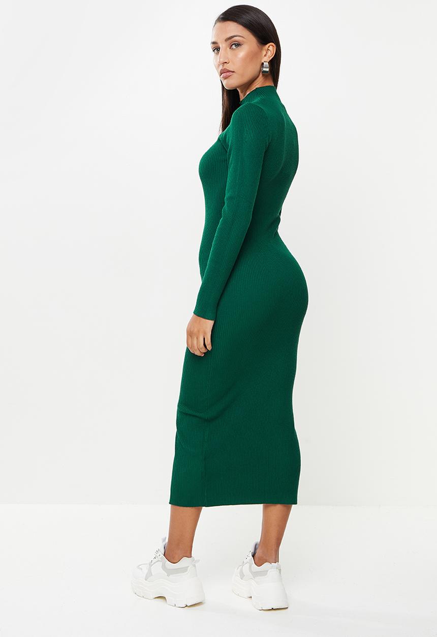 Missguided - Petite high neck button front rib knit midi - dark green