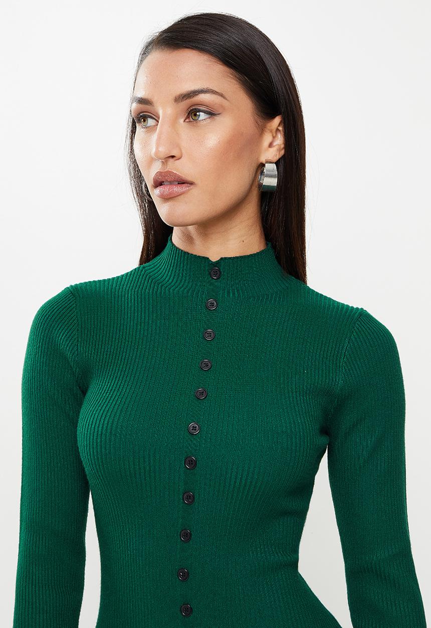 Missguided - Petite high neck button front rib knit midi - dark green