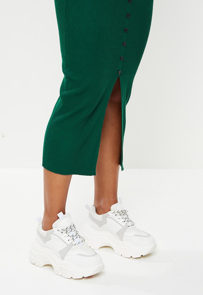 Missguided - Petite high neck button front rib knit midi - dark green