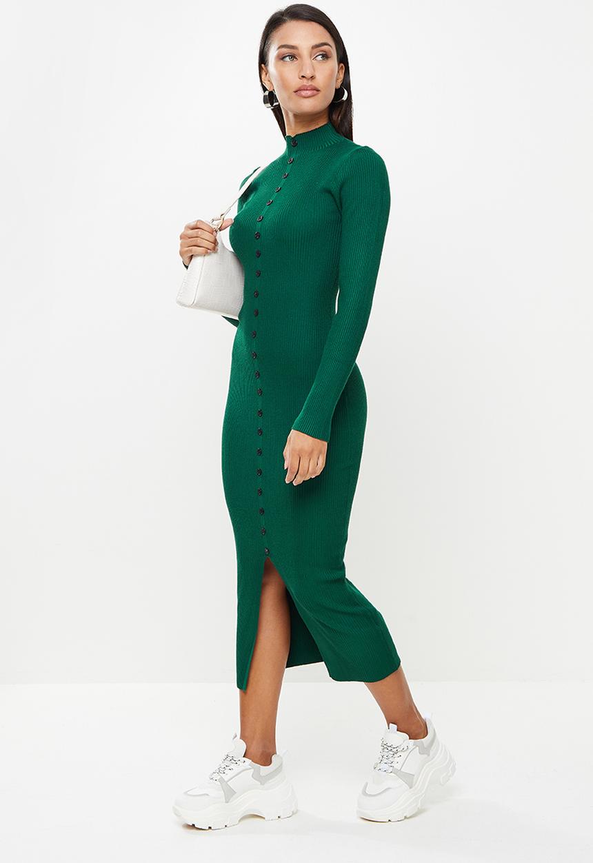 Missguided - Petite high neck button front rib knit midi - dark green