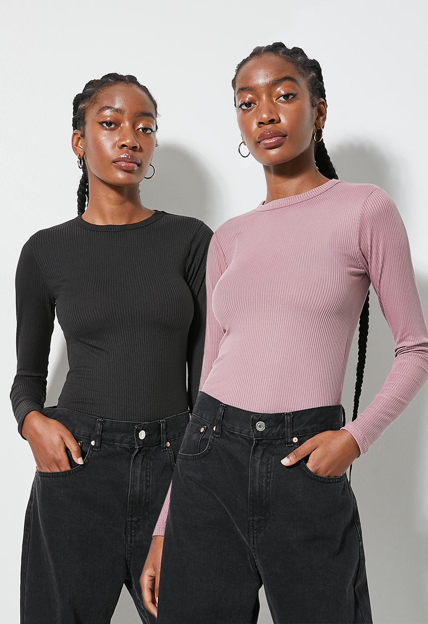 Superbalist - 2-Pack fine rib crew neck tops - black & mink