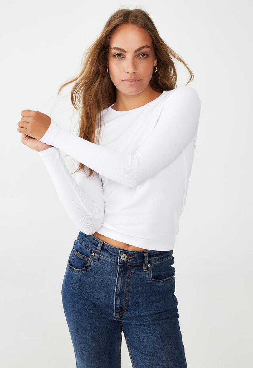 Cotton On - The one organic rib crew long sleeve top - white