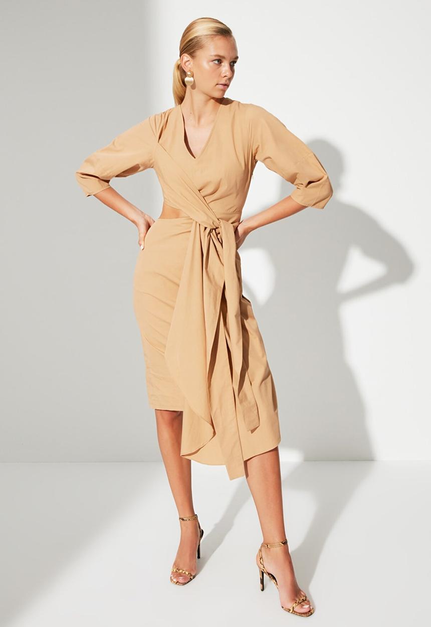 Trendyol - Double breasted collar dress  - camel