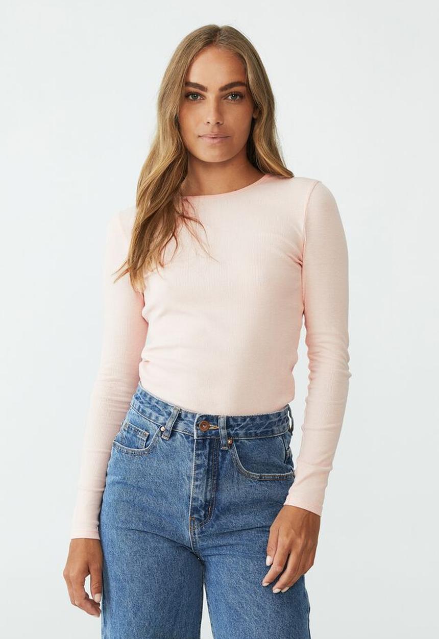 Cotton On - The one organic rib crew long sleeve top - pale pink